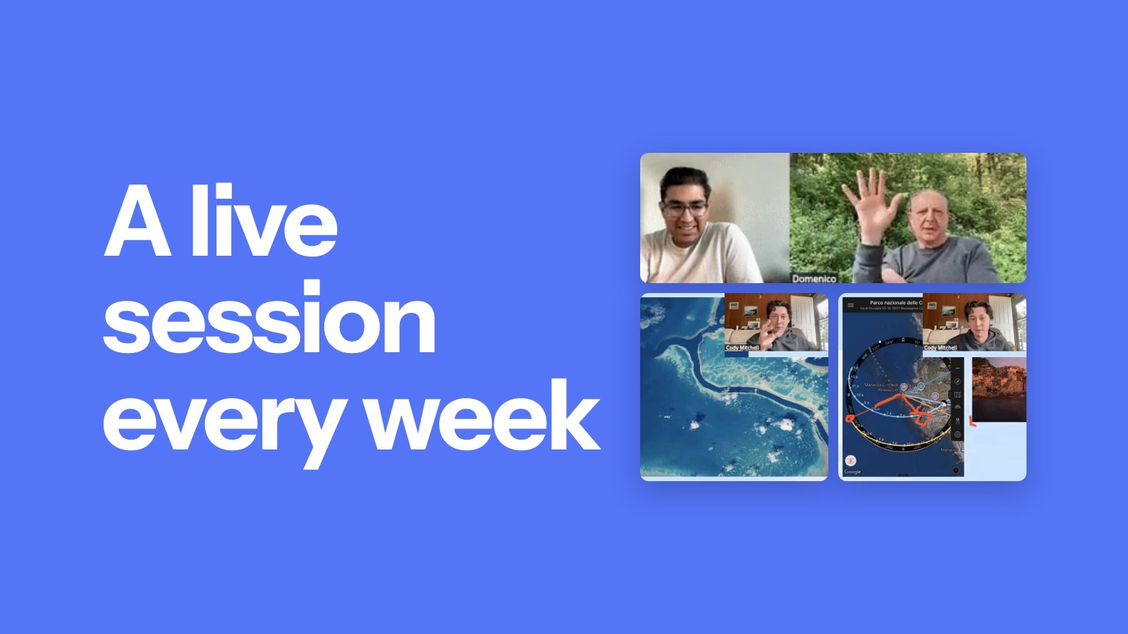 A live session every week. Two members on a live Studio call, and Cody sharing photos and a shoot plan on Zoom.